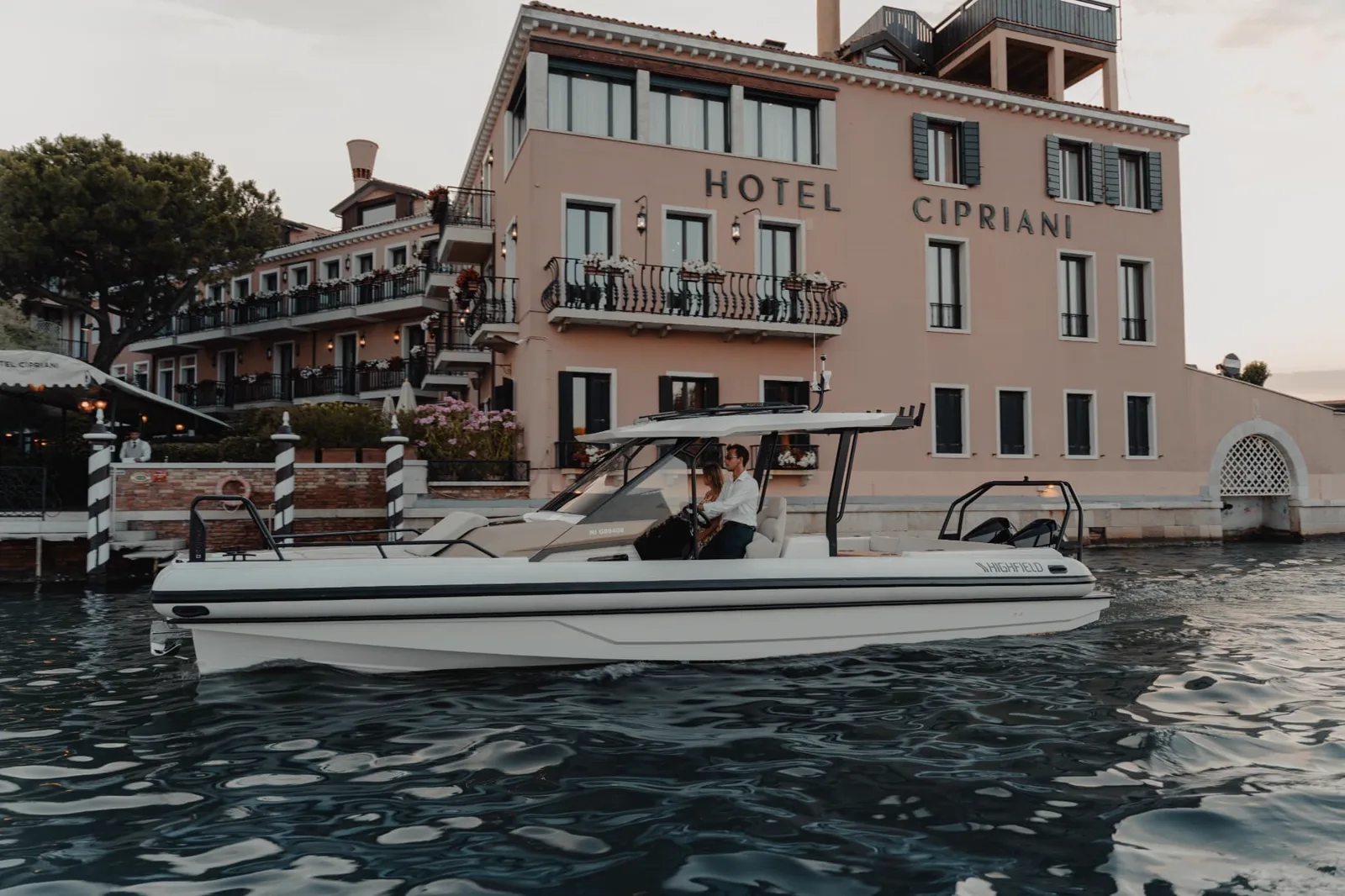 Highfield boat passing Hotel Cipriani in Venice