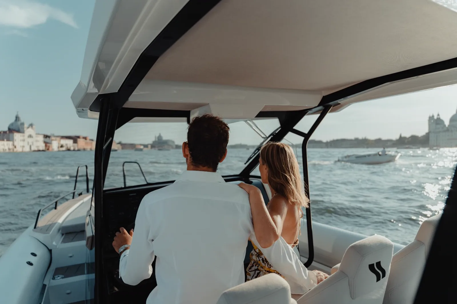 View from the helm of a Highfield boat across the Venetian lagoon