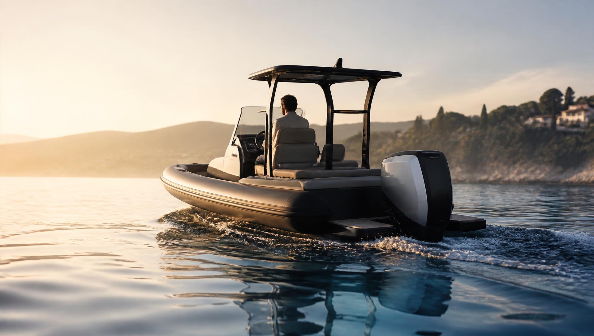 Electric-powered RIB crossing calm Adriatic water at sunset